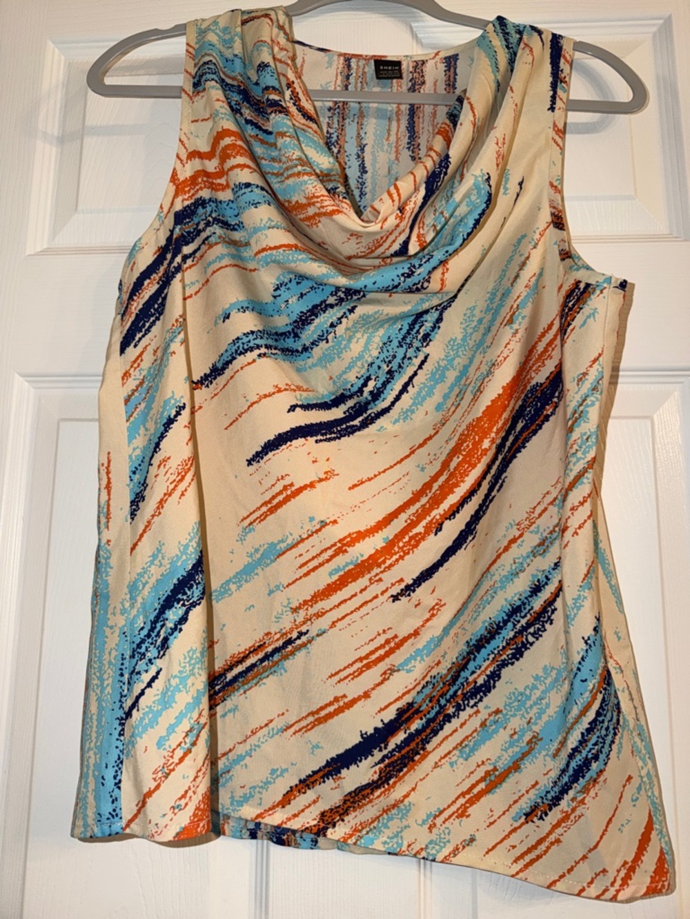 SHEIN Cream Cowl Neck Sleeveless Top with Blue and Orange Abstract Print
